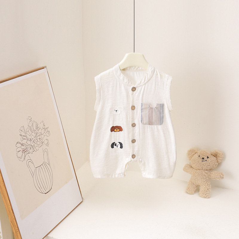Baby Summer Linen Sleeveless Jumpsuit - Baby Boys Summer Romper Cartoon Animal