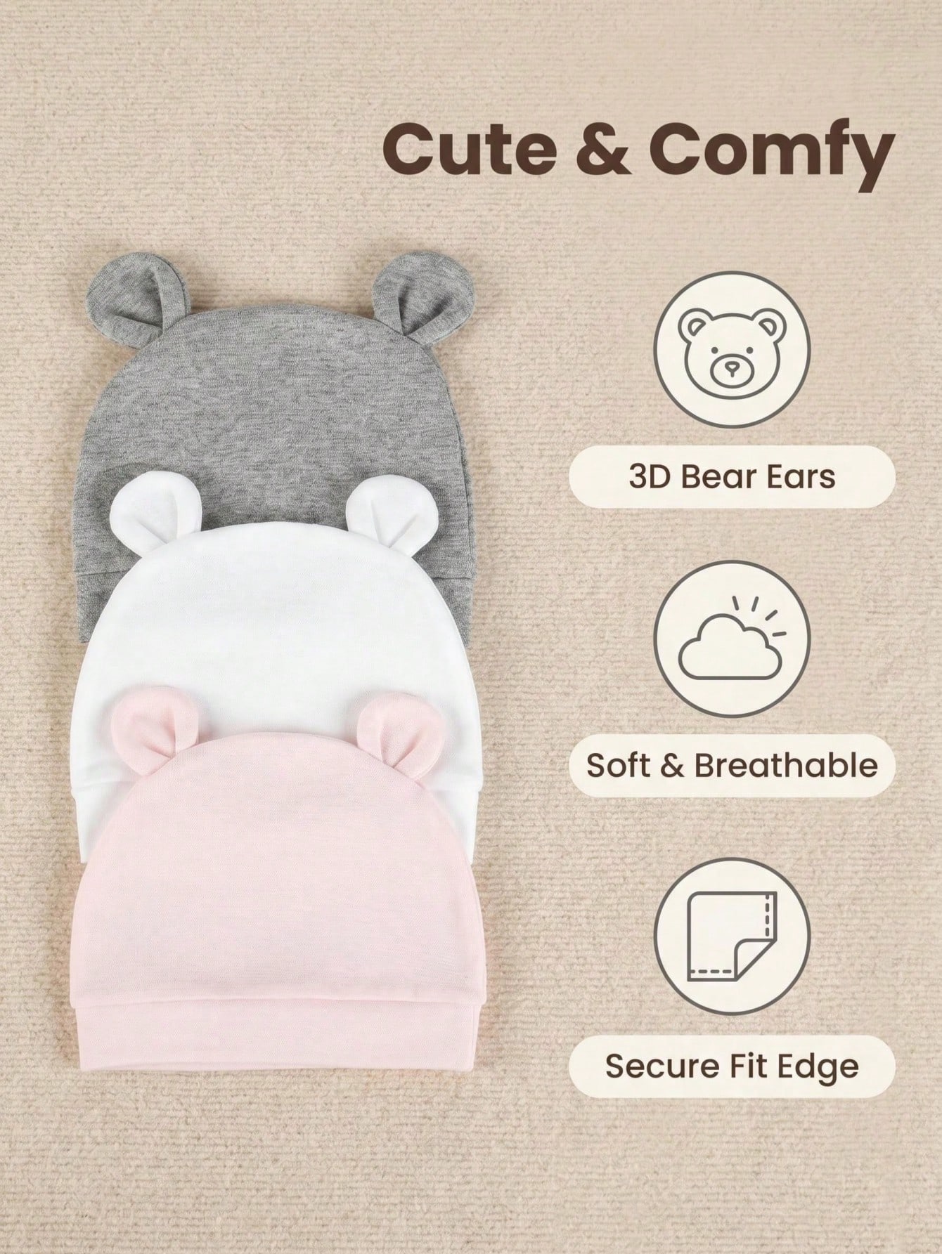 3-Pack Newborn Solid Color Sin - Infant Beanie Hat With Ears recension och pris